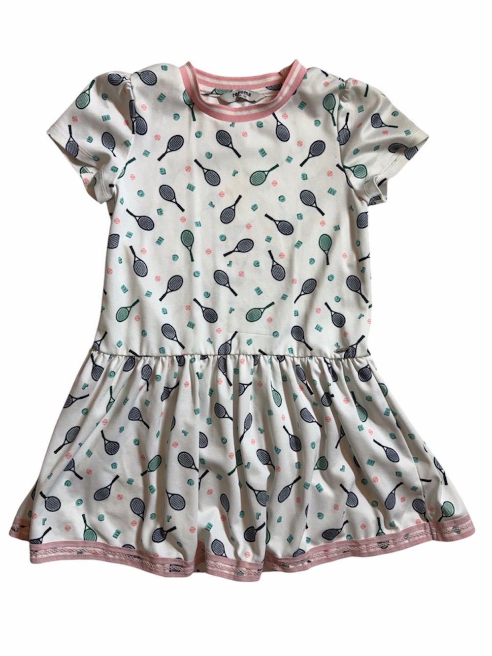 Renoma Paris Tennis Racket Print Dress with Pink Trim Collar and hem 6